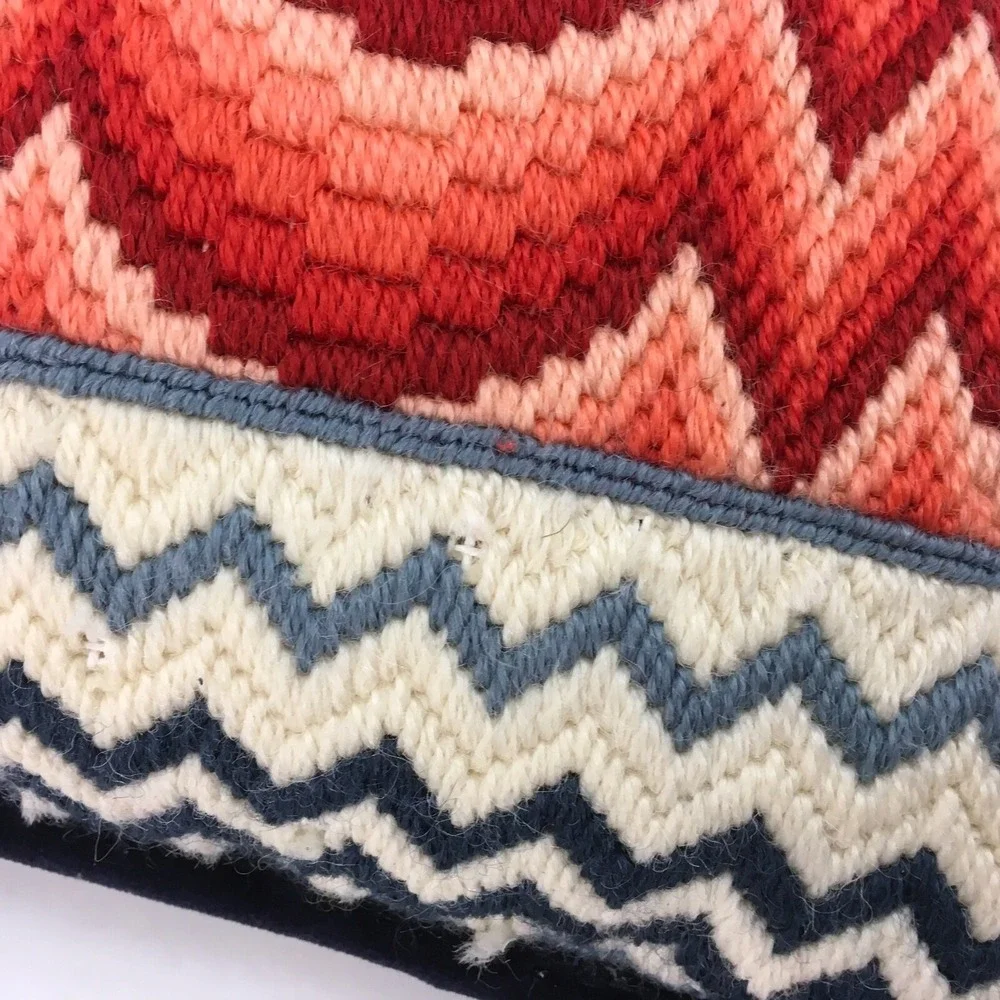 Vintage 1975 Needlepoint Pillow Square Sampler Style Floral Geometric‎ Blue Red